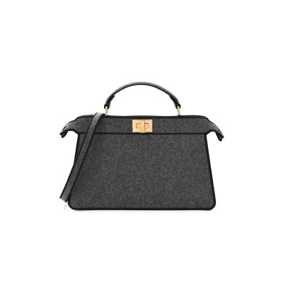 FENDI MELANGE FLANNEL SATIN THREADED EDGE MEDIUM PEEKABOO I SEE U EAST WEST SATCHEL GRIGIO BOIS DE ROSE (29*19*11cm) 